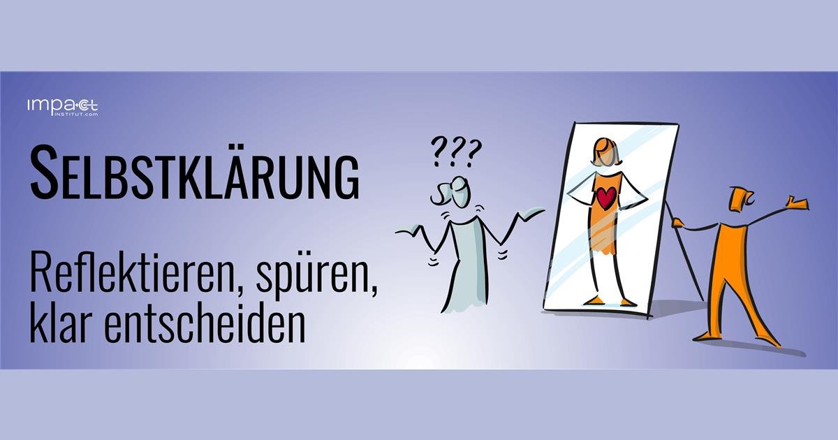 Illustration zur Selbstklärung: Person mit Fragezeichen blickt in Spiegel mit Herz-Symbol, gehalten von orangefarbener Figur.