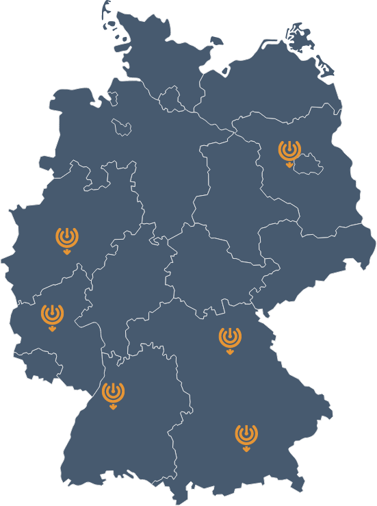 Karte von Deutschland mit den 6 Standorten vom Impact Institut in Berlin, Köln, Trier, Nürnberg, Stuttgart und München.