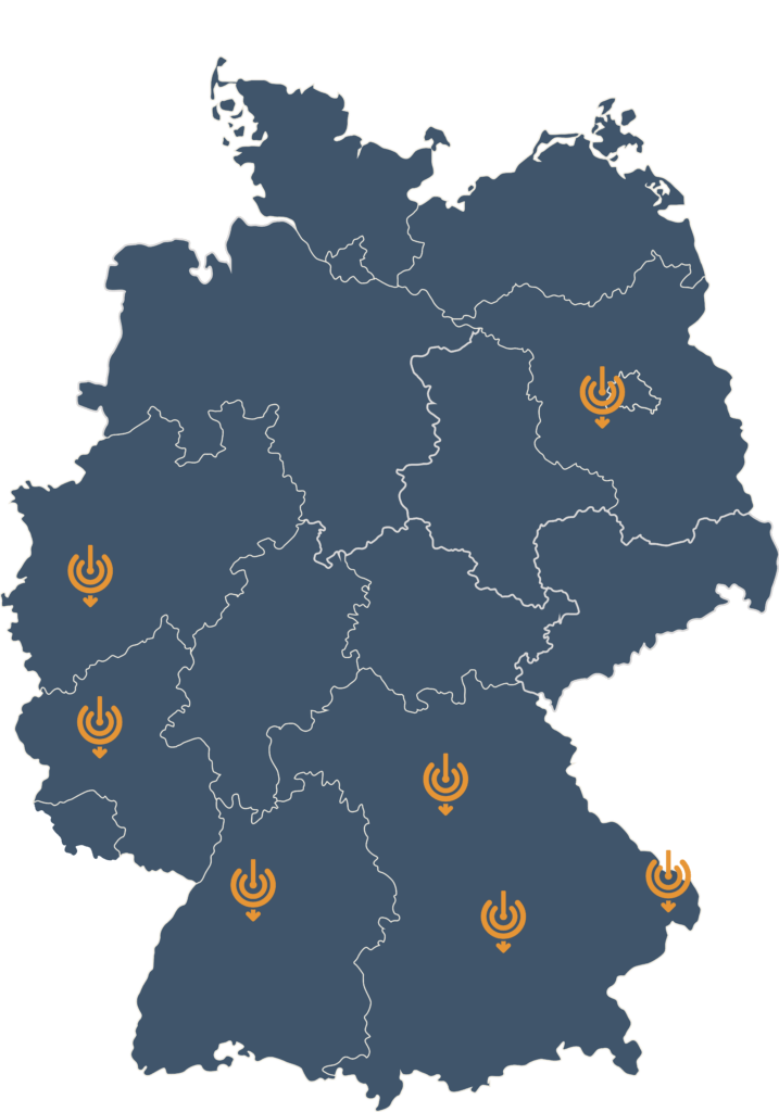 Karte von Deutschland mit den 6 Standorten vom Impact Institut in Berlin, Köln, Trier, Nürnberg, Stuttgart und München.