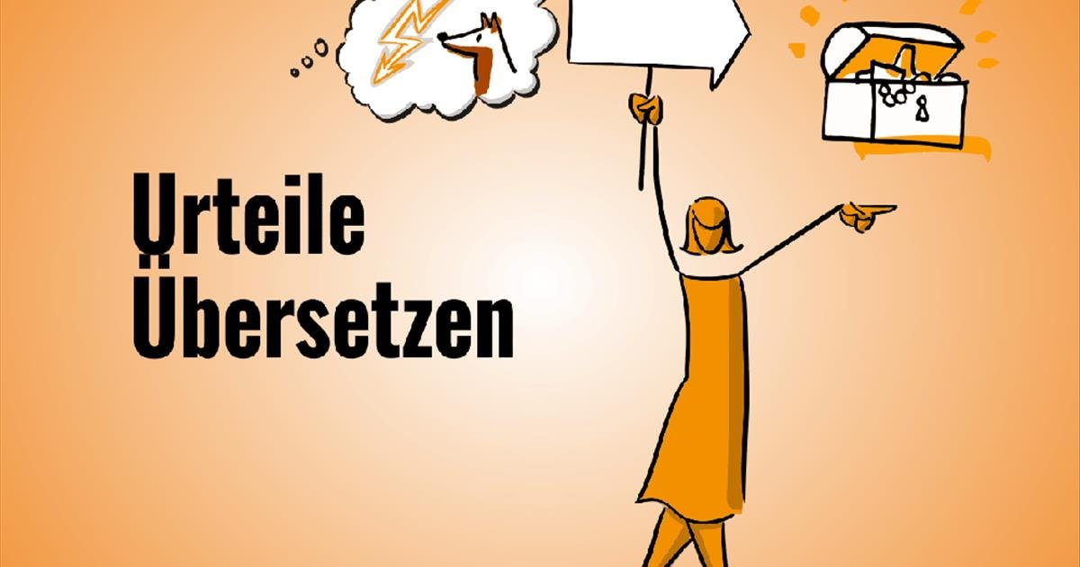 Frau hält Schild mit Sprechblase, denkt an Hund mit Blitz, zeigt auf Schatztruhe – Urteile übersetzen