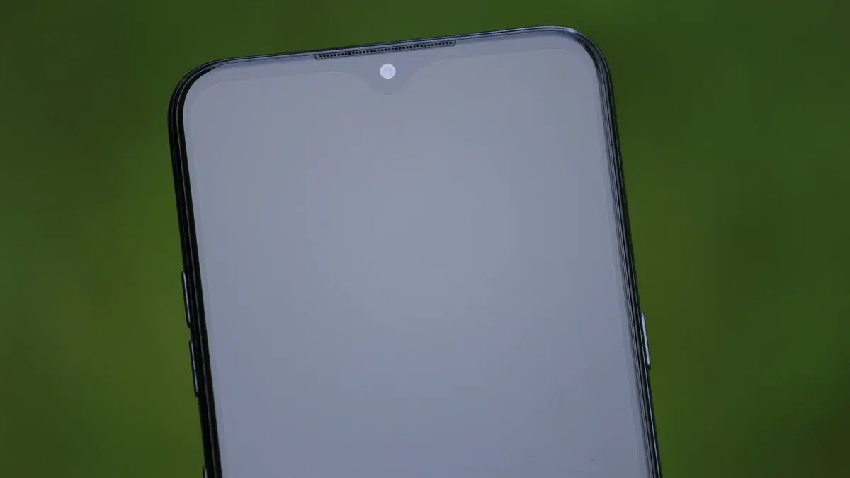 Ein Smartphone mit hellem, leerem Display steht vor einem unscharfen grünen Hintergrund.