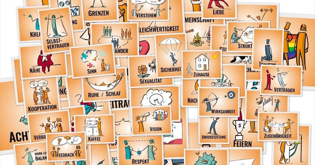 Viele Bedürfniskarten der Gewaltfreien Kommunikation übereinander, jede mit Begriff und Zeichnung