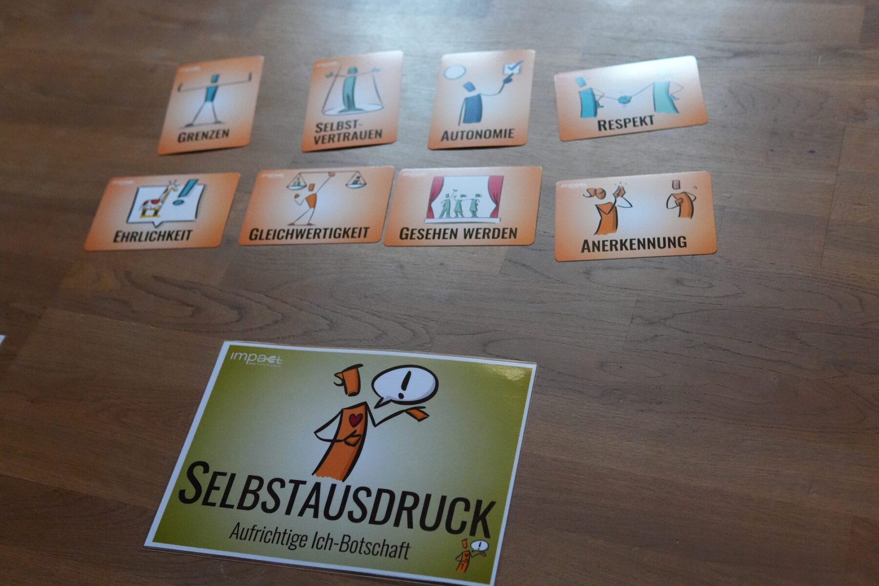 Bedürfniskarten als Bodenanker auf dem Holzboden eines Seminarraums, dazu die Karte Selbstausdruck (Aufrichtige Ich-Botschaft)