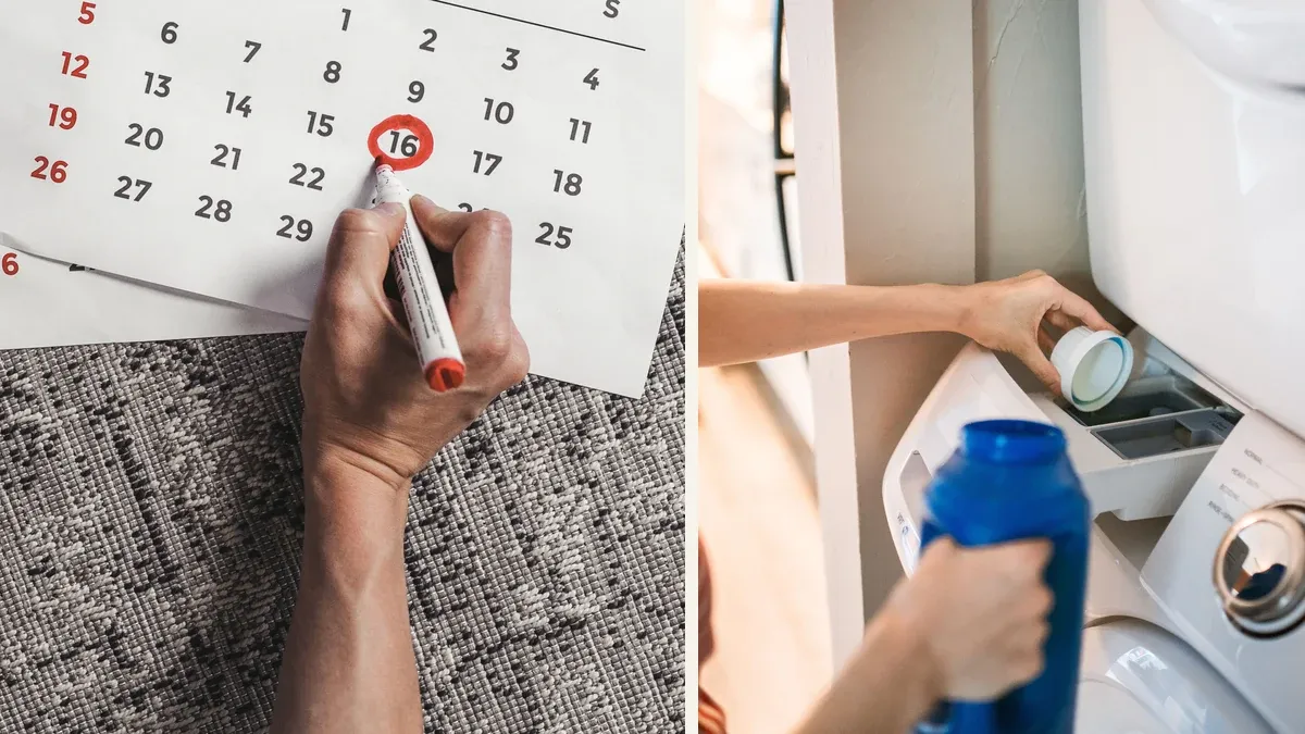 Zweigeteiltes Bild: links wird ein Datum im Kalender markiert, rechts wird Waschmittel dosiert