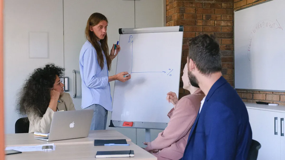 Frau präsentiert Geschäftsstrategie an Whiteboard vor Team in modernem Büro mit Ziegelmauer