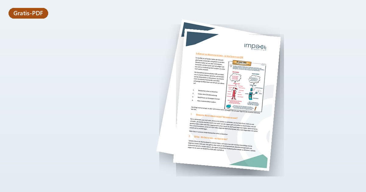 Mockup des Gratis-PDFs "Im Konflikt das Wesentliche betonen", leicht nach links gedreht auf hellblauem Grund.