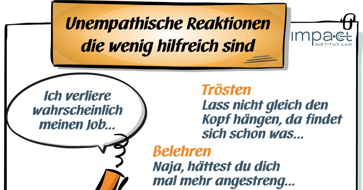 Flipchart mit der Überschrift Unempathische Reaktionen, die wenig hilfreich sind: eine Figur sagt, sie verliere wahrscheinlich ihren Job, daneben Reaktionen wie Trösten, Belehren und Ratschläge geben.
