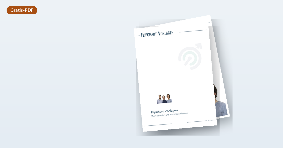 Mockup des Gratis-PDFs "Vierzehn Seiten Flipchart-Vorlagen als PDF", leicht nach rechts gedreht auf hellblauem Grund.