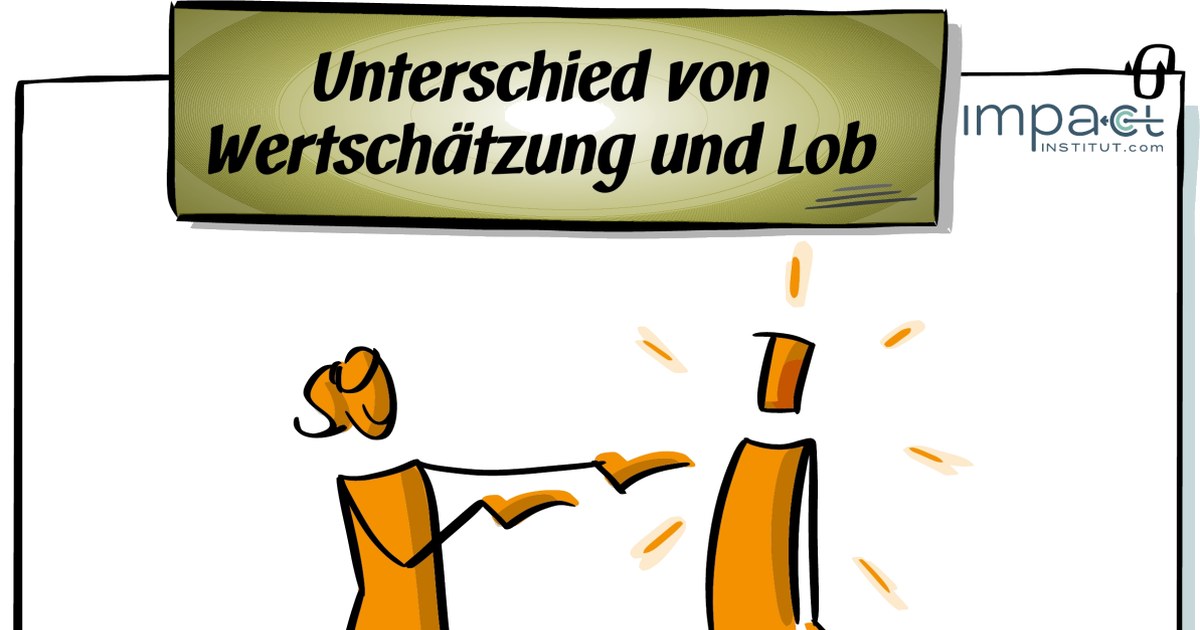 Flipchart mit der Überschrift Unterschied von Wertschätzung und Lob: zwei gezeichnete Figuren, eine zeigt auf die andere, darunter beginnen die Spalten Wertschätzung und Lob.