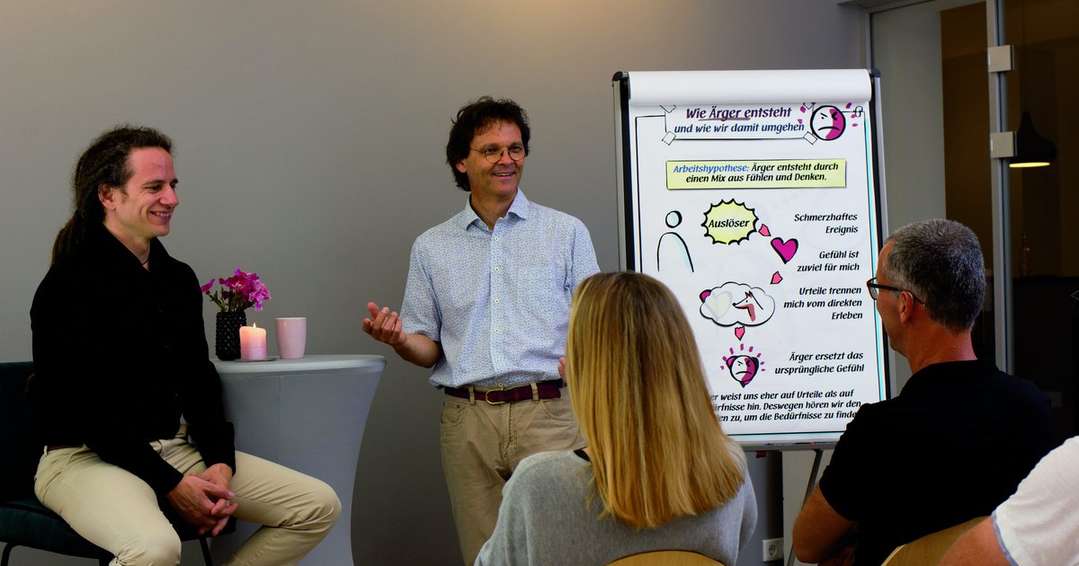 Ein Trainer steht vor einem Flipchart und spricht mit Teilnehmenden, die im Halbkreis sitzen.