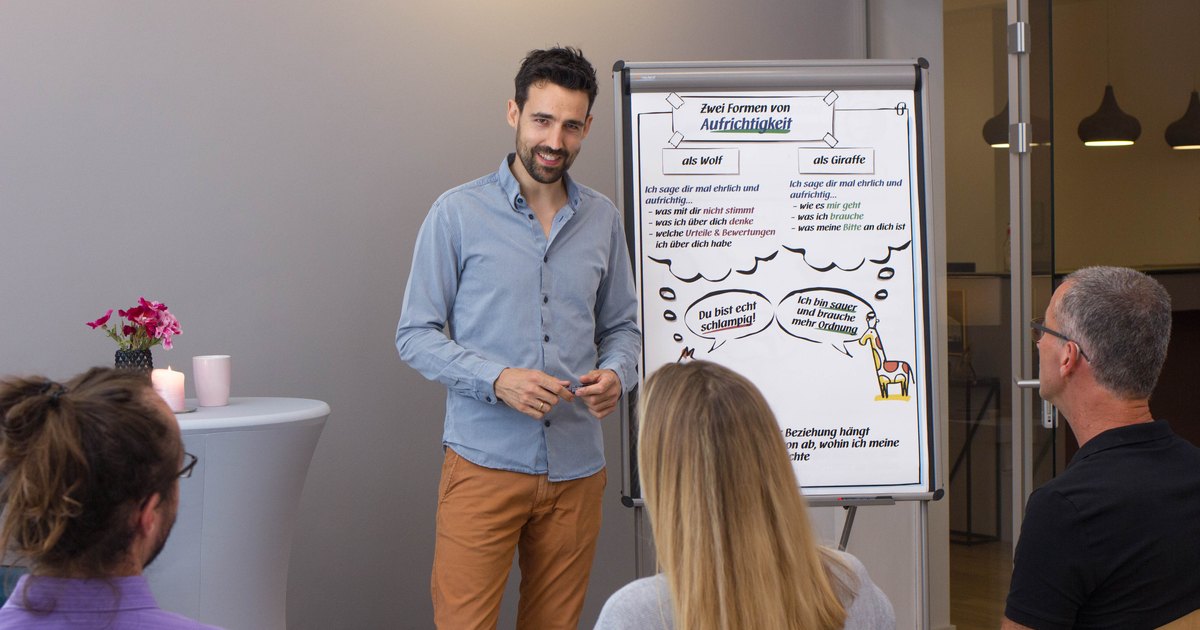 Ein Trainer steht vor einem Flipchart mit der Überschrift Zwei Formen von Aufrichtigkeit, davor Teilnehmende auf Stühlen.