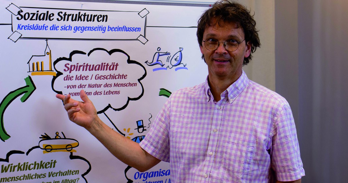 Ein Trainer zeigt auf ein großes Flipchart mit der Überschrift Soziale Strukturen, Kreisläufe die sich gegenseitig beeinflussen.