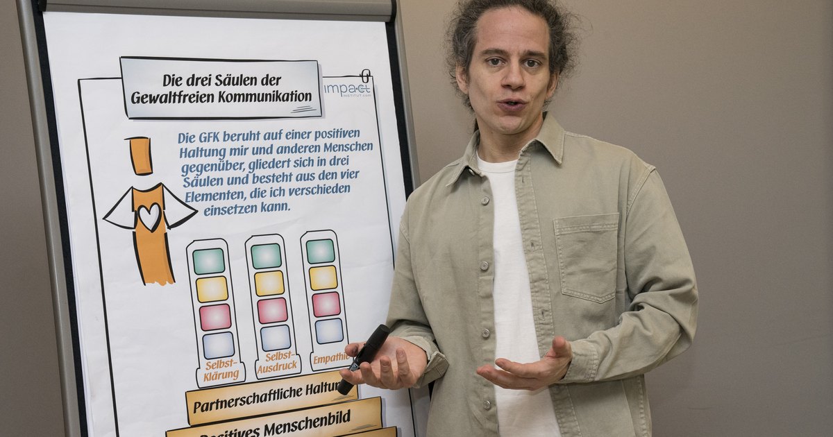 Ein Trainer steht vor einem Flipchart mit der Überschrift Die drei Säulen der Gewaltfreien Kommunikation.