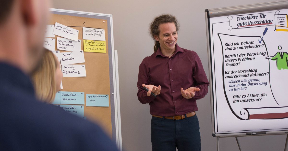 Ein Trainer erklärt vor einem Flipchart mit der Überschrift Checkliste für gute Vorschläge, links eine Pinnwand mit Karten.
