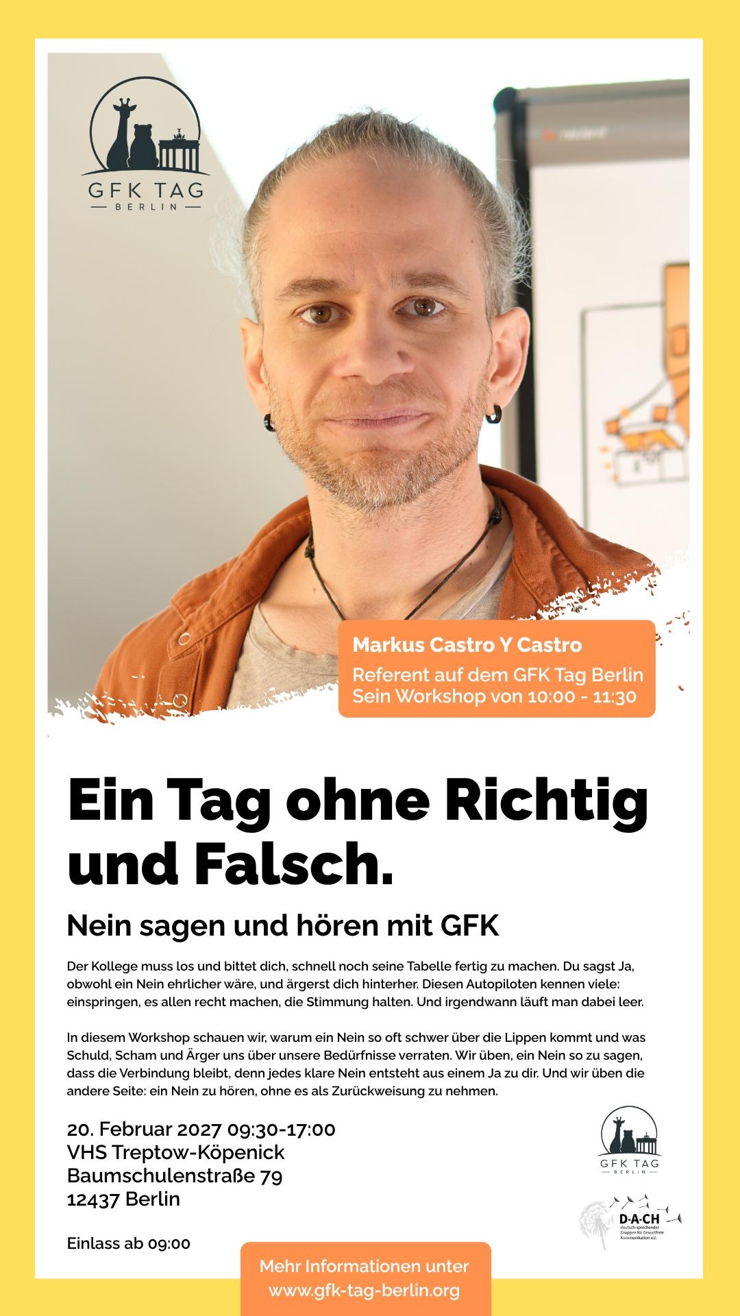Flyer zum GFK-Tag Berlin am 20. Februar 2027 mit Markus Castro und seinem Workshop Nein sagen und hören mit GFK